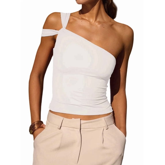 Women's One Shoulder Asymmetric Strapless Tube Fitted Y2k Tank Going Out Outfit Top White L