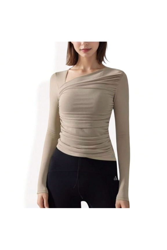 Women's One-Shoulder Athletic Long Sleeve Top with Ruched Front Detail - Medium, Khaki