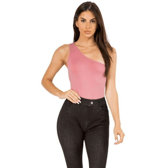 Women's One Shoulder Basic Tank Top Bodysuit, Dusty Rose