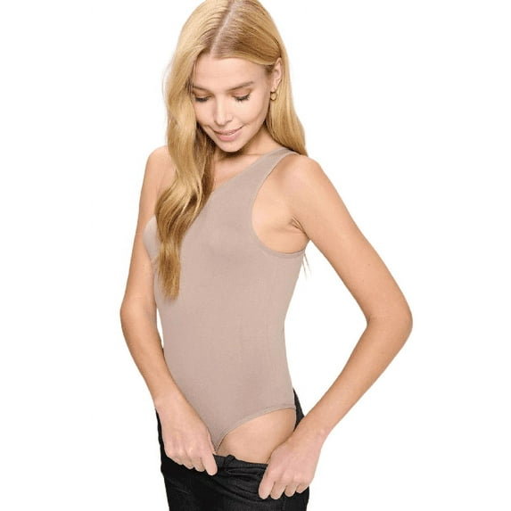 Women's One Shoulder Basic Tank Top Bodysuit, Light Mocha