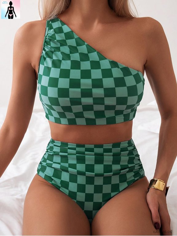 Women's One-Shoulder Checkered Bikini Set High Waisted 2-Piece Swimsuit Green