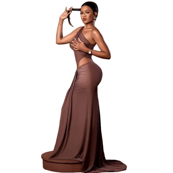 Women's One Shoulder Chest Wrapped Sleeveless Pleated Hollow-out Waist Long Dress, Hips Wrapped, Solid Color, Sexy