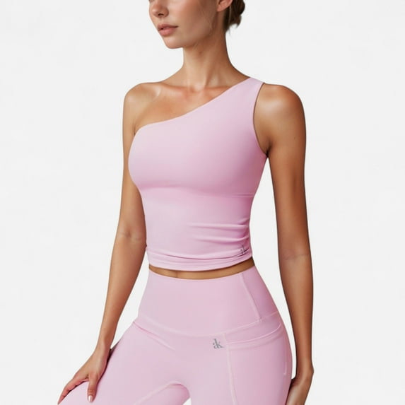 Women's One Shoulder Cropped Active Tank Top with Asymmetrical Neckline - Medium, Pink