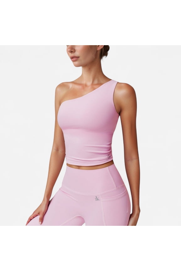 Women's One Shoulder Cropped Active Tank Top with Asymmetrical Neckline - Medium, Pink