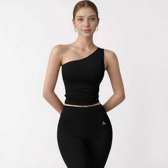 Women's One Shoulder Cropped Active Tank Top with Asymmetrical Neckline - Small, Black