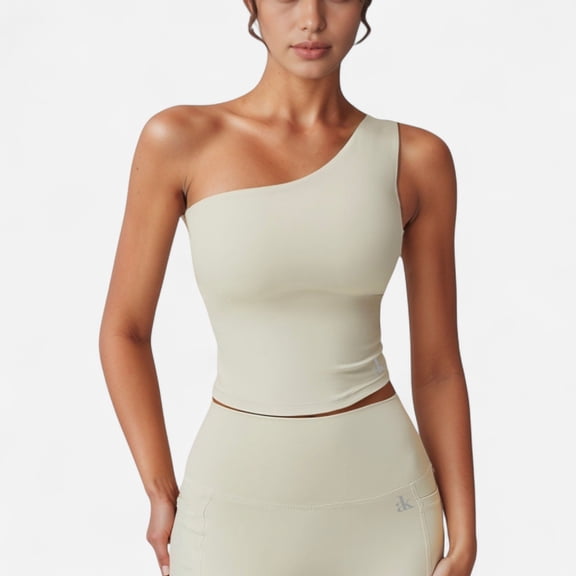Women's One Shoulder Cropped Active Tank Top with Asymmetrical Neckline - Small, Off White