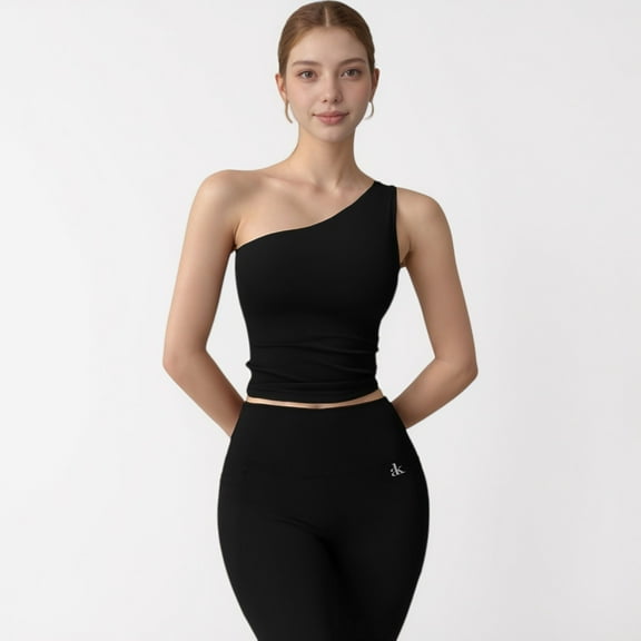 Women's One Shoulder Cropped Active Tank Top with Asymmetrical Neckline - X Large, Black
