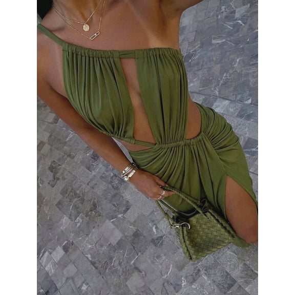 Women's One Shoulder Cut Out Maxi Dress, Solid Color High Slit Sexy Bodycon Dress for Vacation Party