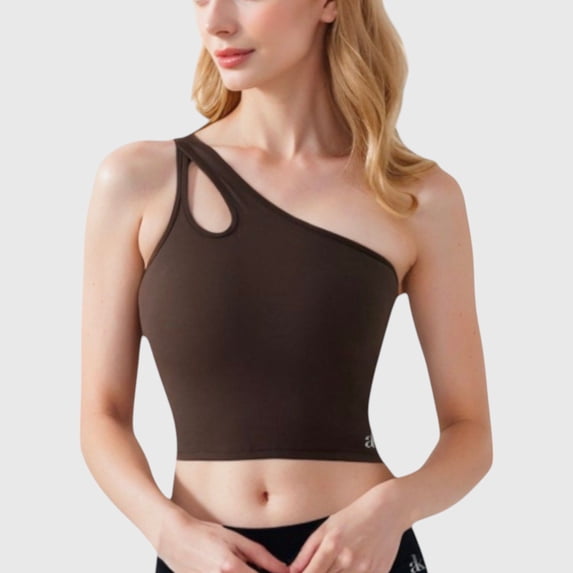 Women's One Shoulder Cutout Athletic Crop Top - Medium, Coffee