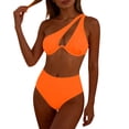 thumbnail image 1 of Women's One‑Shoulder Cutout High‑Waist Two‑Piece Bikini Set Solid‑Color Underwire Padded Split Swimsuit Orange S(S), 1 of 7
