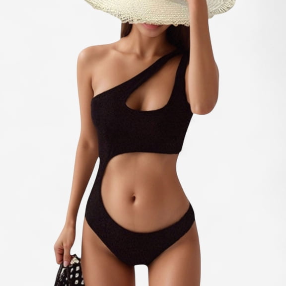 Women's One Shoulder Cutout Monokini Swimsuit with Asymmetrical Top and High Leg Bottom - Medium, Black