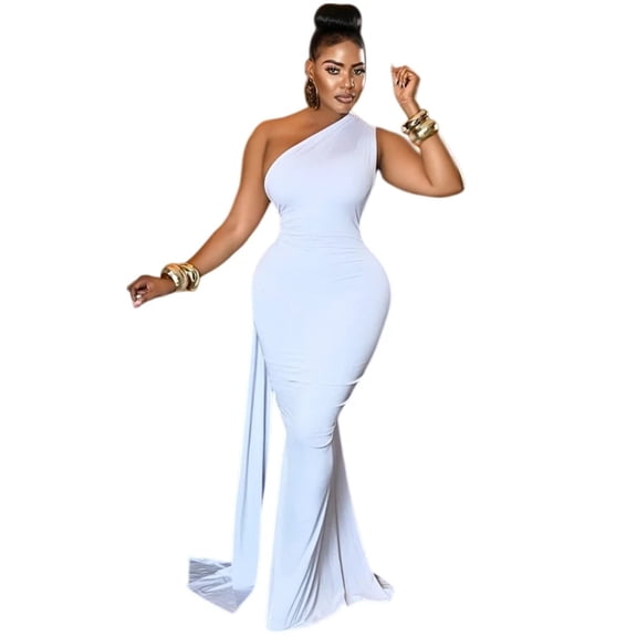 Women's One-Shoulder Diagonal Collar Sleeveless Backless Pleated Ribbon Bandage Hips Wrapped Long Dress, Solid Color, Sexy