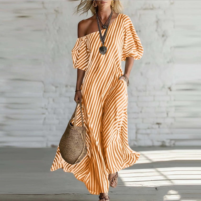 Women's One Shoulder Diagonal Stripe Maxi Dress Puff Sleeve Flowy with Side Pockets Dresses for Women Orange S