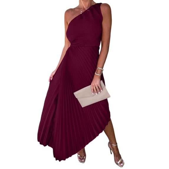 Women's One Shoulder Dress, Asymmetric Pleated Cocktail Party Dresses, Flattering High Waisted Accordion Ruffle Summer Wedding Guest Midi Gown