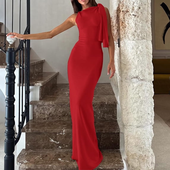 Women's One Shoulder Dress, Elegant Evening Dress with Adjustable Sash and Backless Slit Design, Casual Long Party Dress for Women