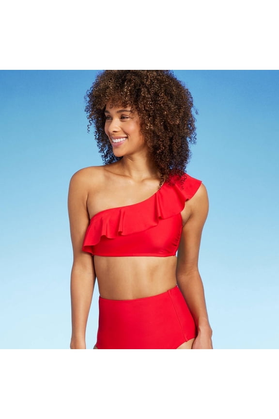 Women's One Shoulder Flounce Bikini Top - Kona Sol Red S