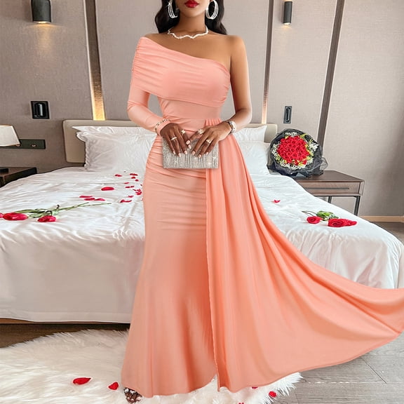 Women's One Shoulder Formal Evening Gown Ribbon Elegant Bodycon Wedding Guest Maxi Dress