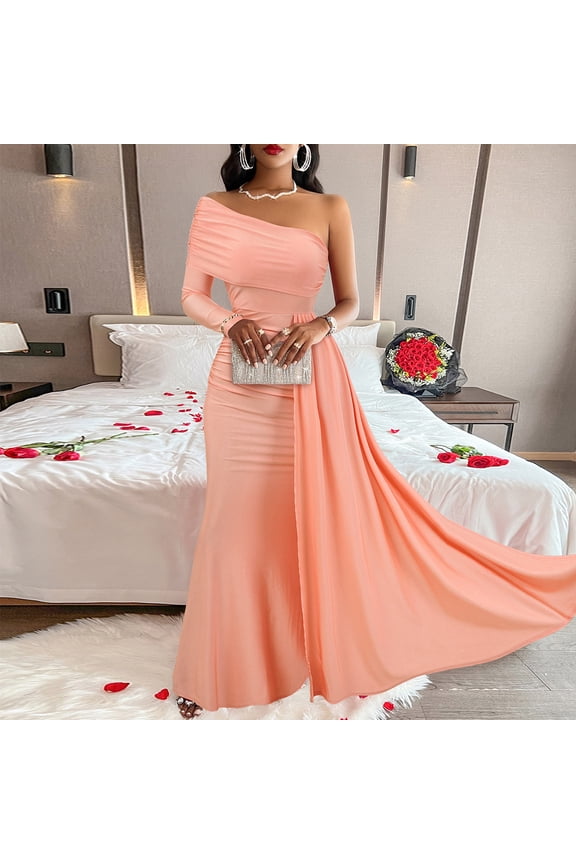 Women's One Shoulder Formal Evening Gown Ribbon Elegant Bodycon Wedding Guest Maxi Dress