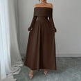 thumbnail image 1 of Women's One Shoulder Long Sleeve Dress, French Style Belted Waist Midi Dress, Elegant Evening Dress for Weddings or Galas, Coffee - XL, 1 of 6