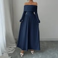 thumbnail image 1 of Women's One Shoulder Long Sleeve Dress, French Style Belted Waist Midi Dress, Elegant Evening Dress for Weddings or Galas, Navy - M, 1 of 6