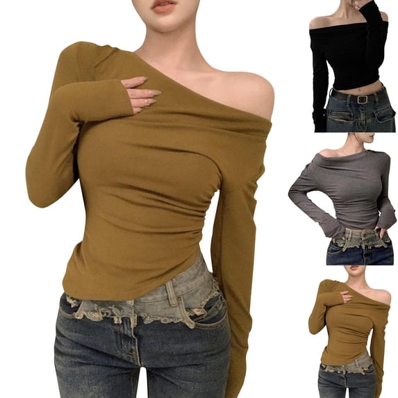 Women's One Shoulder Long Sleeve Fashionable Solid Color Top Blouse Loose Fit Casual Trendy Outfits Summer Beach Holiday | CSEONE,Yellow L
