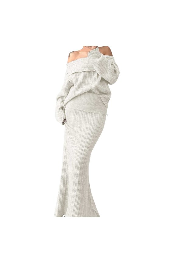 Women's One Shoulder Loose Solid Color Knit Sweater Two Piece Set With Long Sleeves