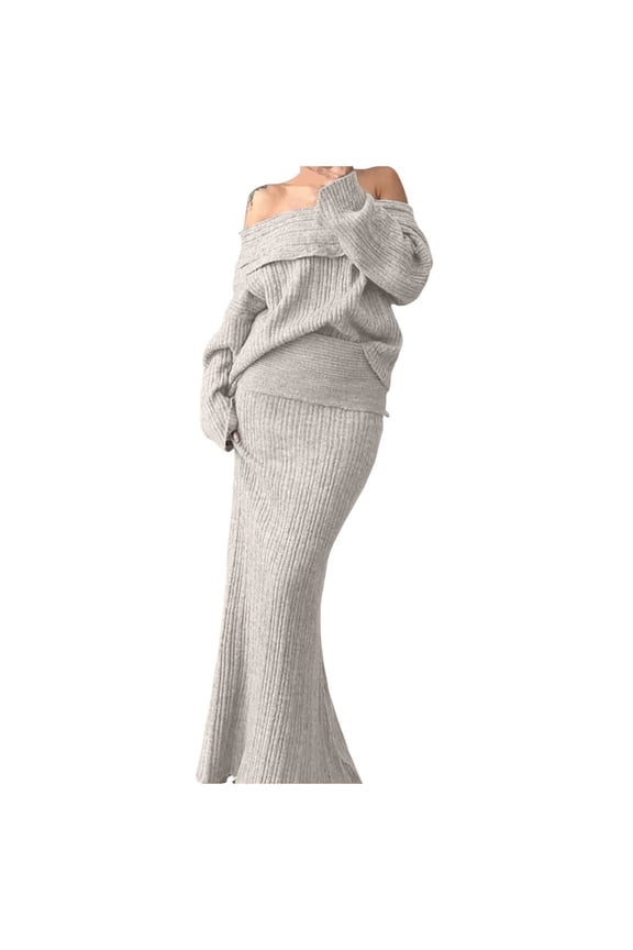 Women's One Shoulder Loose Solid Color Knit Sweater Two Piece Set With Long Sleeves