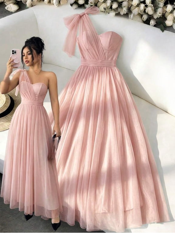 Women's One Shoulder Maxi Dress Bowknot Waist Ruched Fitted A-Line Flared Long Dress Sleeveless Elegant Chic Style for Wedding Guest & Party Wear