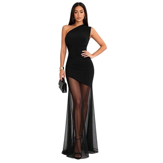 Women's One Shoulder Mesh Patchwork Maxi Dress Sleeveless Fitted Sexy Sheer Long Dress For Club Evening Party