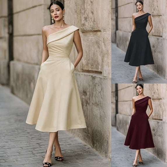Women's One Shoulder Midi Dress, Ruched Waist A-Line Formal Cocktail Dress with Pockets, S-2XL