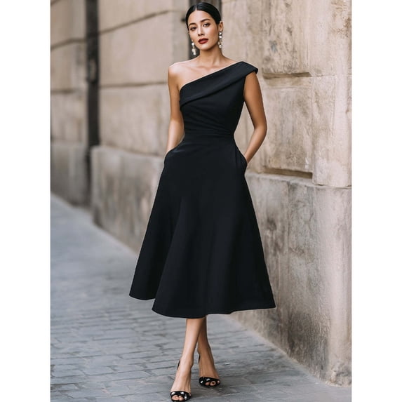 Women's One Shoulder Midi Dress, Ruched Waist A-Line Formal Cocktail Dress with Pockets, S-2XL
