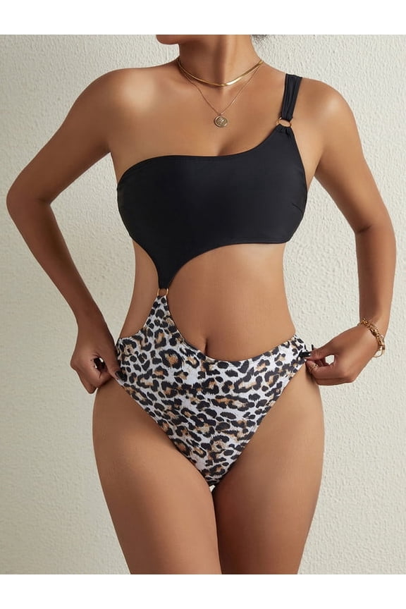 Women's One Shoulder One Piece Swimsuit, Leopard Print Bathing Suit for Beach Pool