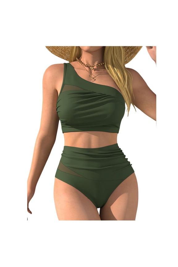 Women's One Shoulder One Piece Swimsuit Solid Tummy Control Bathing Suits Modest Full Coverage Swimwear