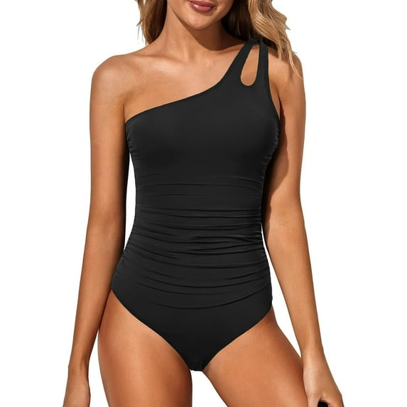 Women's One Shoulder One Piece Swimsuit Tummy Control Bathing Suit Modest Full Coverage Keyhole Swimwear, Black