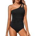 thumbnail image 1 of Women's One Shoulder One Piece Swimsuit Tummy Control Bathing Suit Modest Full Coverage Keyhole Swimwear, Black, 1 of 9