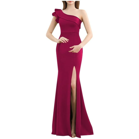 Women's One Shoulder Party Dress Ruffle High Slit Zip Slimming Maxi Dress for Evening Wine XL