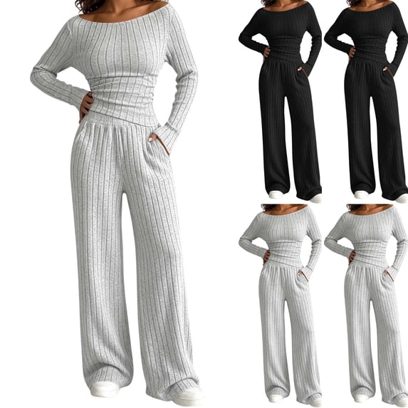Women's One Shoulder Pit Knitted Set - Long Sleeve Slimming Top, High Waist Wide Leg Pants, Casual Two Piece Set Black Xxl