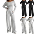 thumbnail image 1 of Women's One Shoulder Pit Knitted Set - Long Sleeve Slimming Top, High Waist Wide Leg Pants, Casual Two Piece Set Gray S, 1 of 6