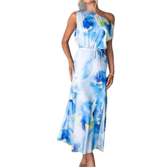 Women's One Shoulder Printed Dress with Slit Tied Asymmetrical and Ruffled Design Made with 100% Polyester Fabric