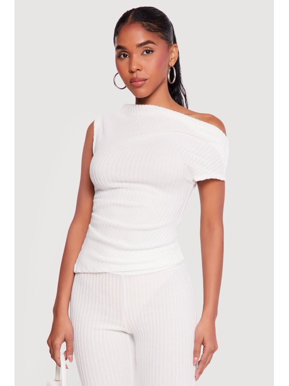 Women's One Shoulder Rib Knit Side Ruched Blouse