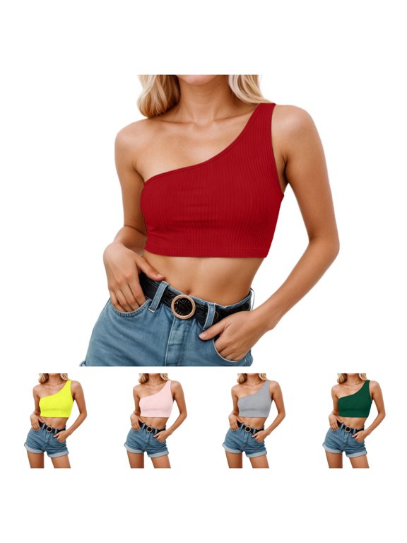 Women's One-Shoulder Ribbed Crop Top Solid Color Sleeveless Tank for Summer & Casual Wear,3XL