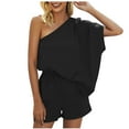 thumbnail image 1 of Women's One Shoulder Romper Casual Summer Mid Sleeve Jumpsuit Short Loose Draped Wide Leg Romper Flowy Outfit, Black, S, 1 of 7