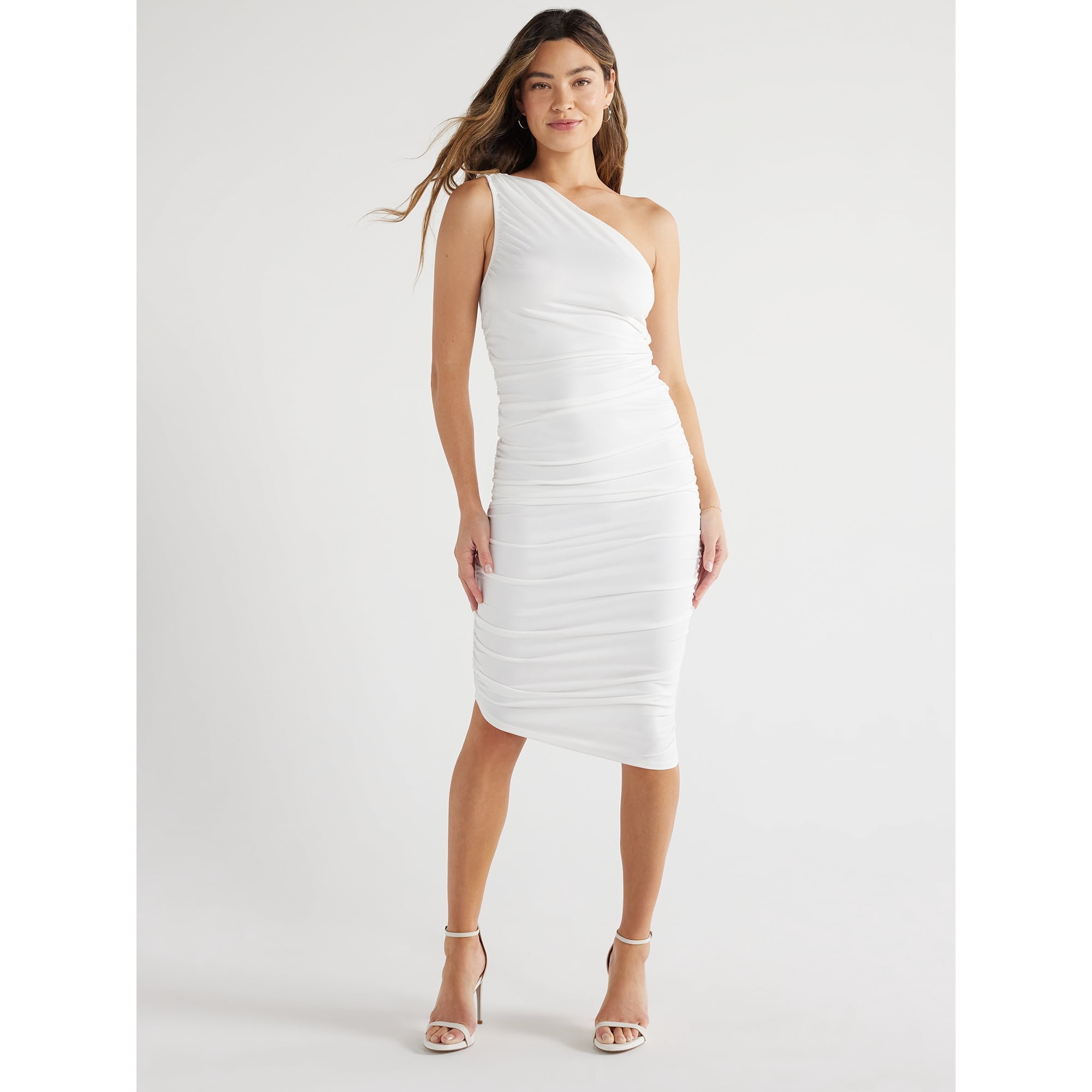 white one shoulder knee length dress White One Shoulder Ruffled Knee Length Dress Rebel and Blush