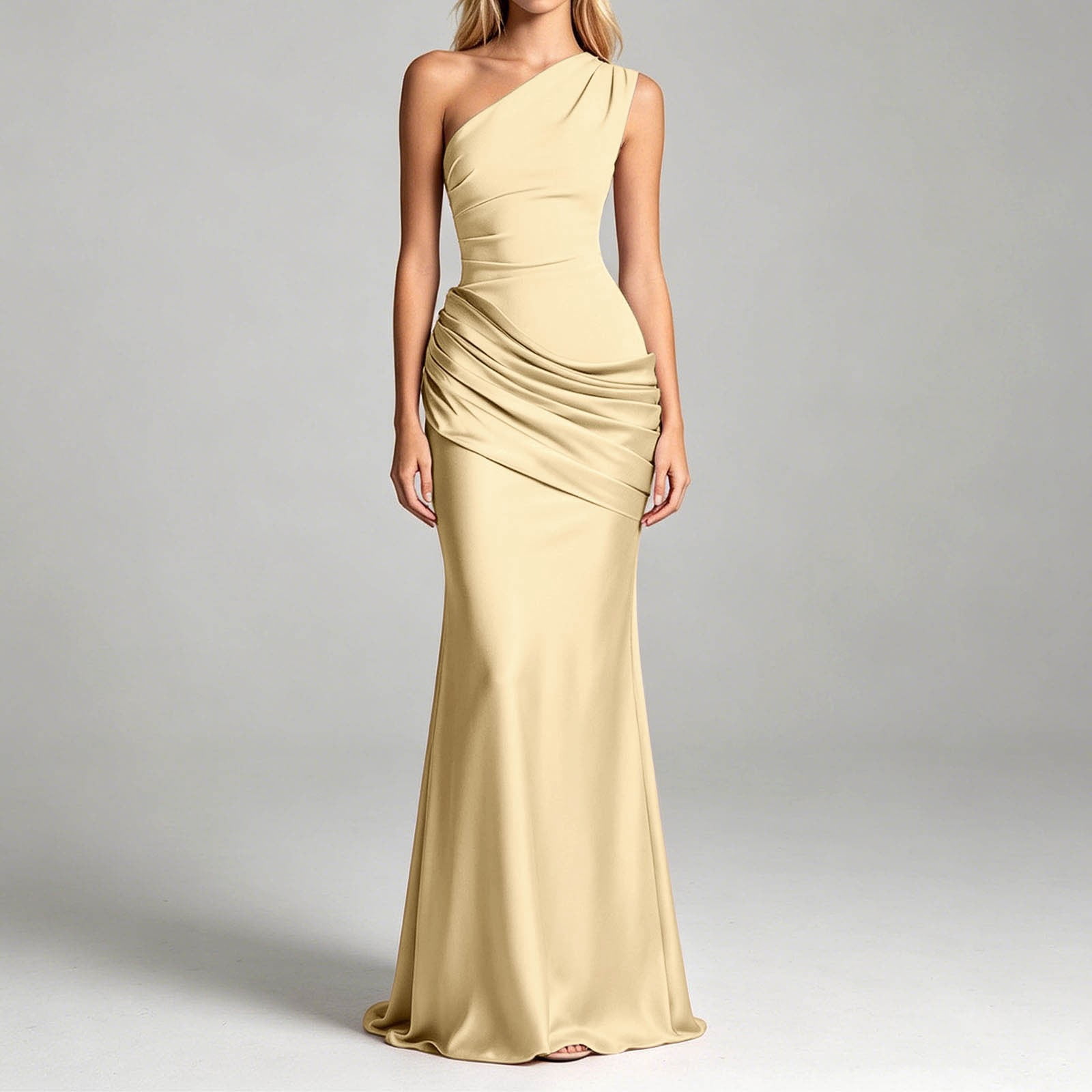 Women's One-Shoulder Ruched Satin Maxi Dress â€“ Asymmetric Neckline Bodycon Evening Gown â€“ Elegant Formal Party Dress with Side Slit â€“ Sleeveless Long Dress for Weddings