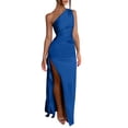 thumbnail image 1 of Women's One Shoulder Ruched Satin Maxi Dress, Solid High Side Slit Slimming Flowy Midi Long Date Night Dress Blue XL(XL), 1 of 6