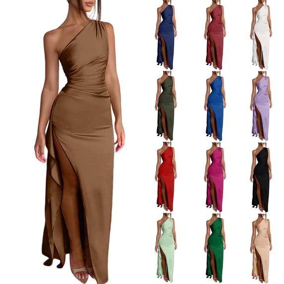 Women's One Shoulder Ruched Satin Maxi Dress, Solid High Side Slit Slimming Flowy Midi Long Date Night Dress Brown XL(XL)