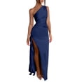 thumbnail image 1 of Women's One Shoulder Ruched Satin Maxi Dress, Solid High Side Slit Slimming Flowy Midi Long Date Night Dress Navy L(L), 1 of 6