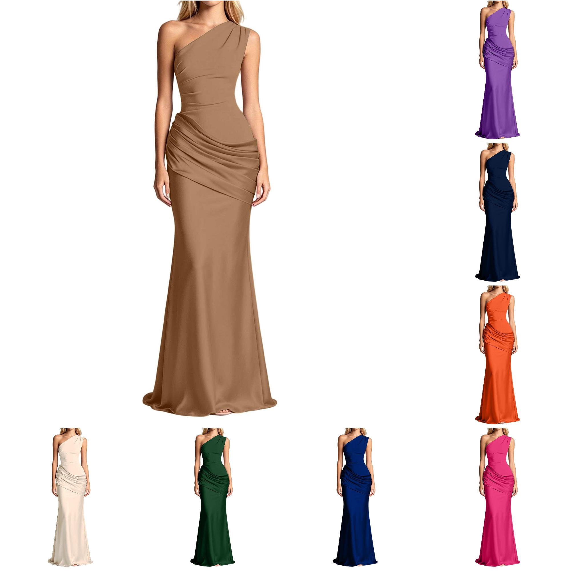 one sleeve semi formal dresses Wijhcboe Women's Shoulder Ruched Satin Midi Dress Asymmetric Neckline Evening Party Dress for Formal Events Occasion, Size: Medium polka