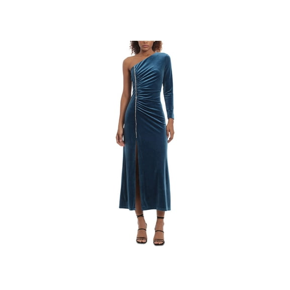 Women's One-Shoulder Ruched Velvet Midi Dress Poseidon 4