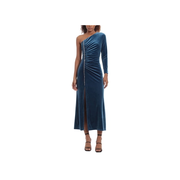 Women's One-Shoulder Ruched Velvet Midi Dress Poseidon 4